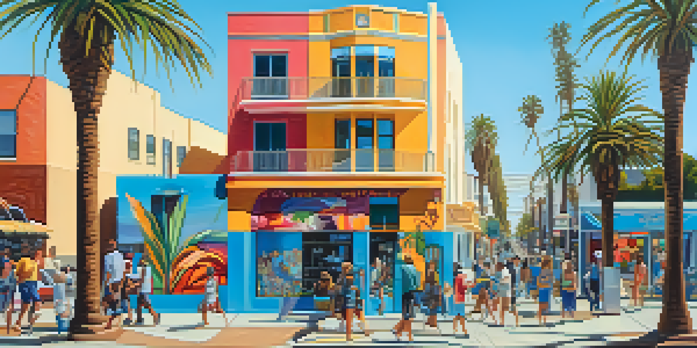 A lively Santa Monica street scene with colorful murals and artists, under a sunny sky with palm trees.