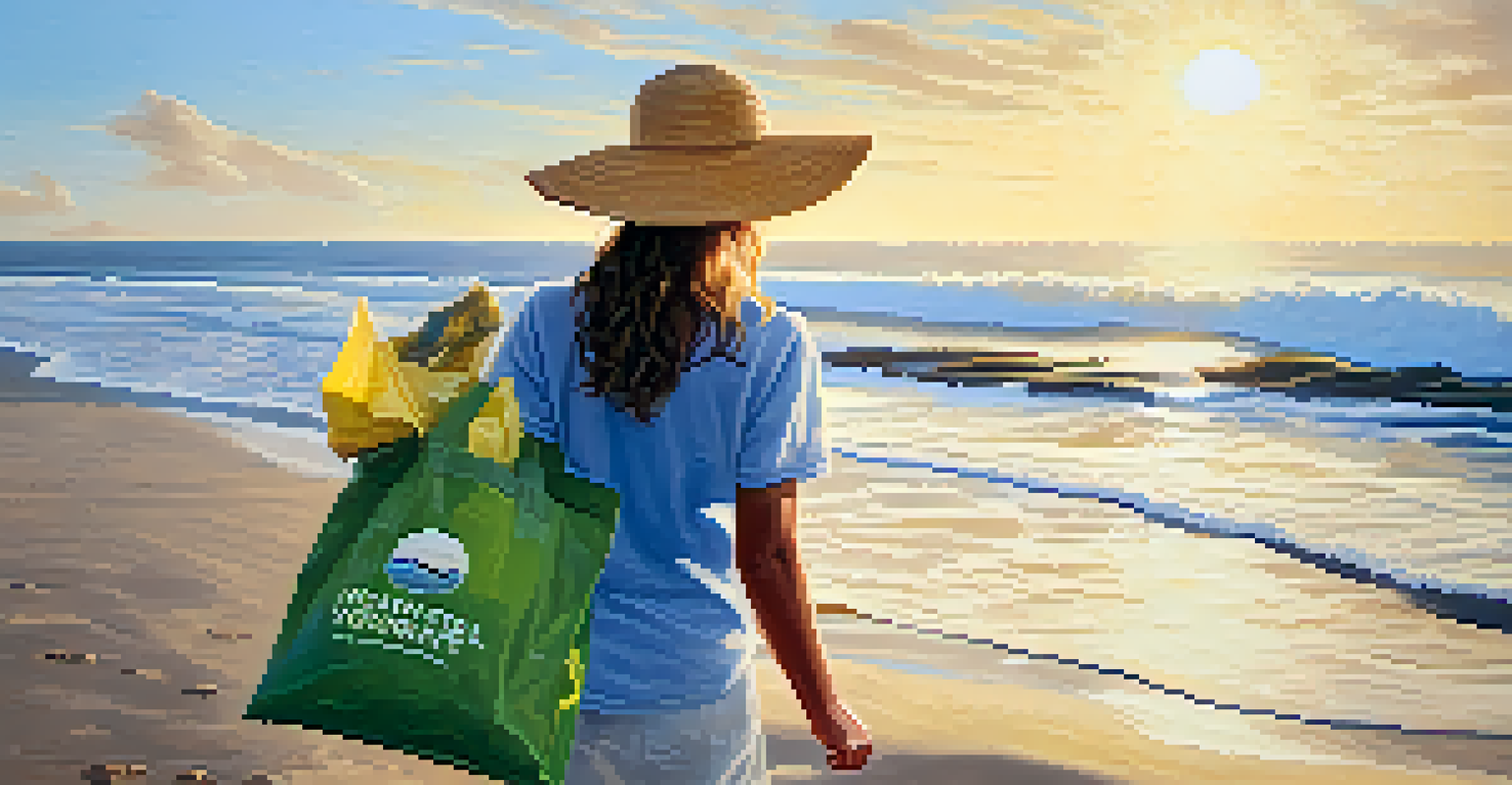 A close-up of a volunteer proudly holding a reusable bag filled with collected waste, with ocean waves in the background.