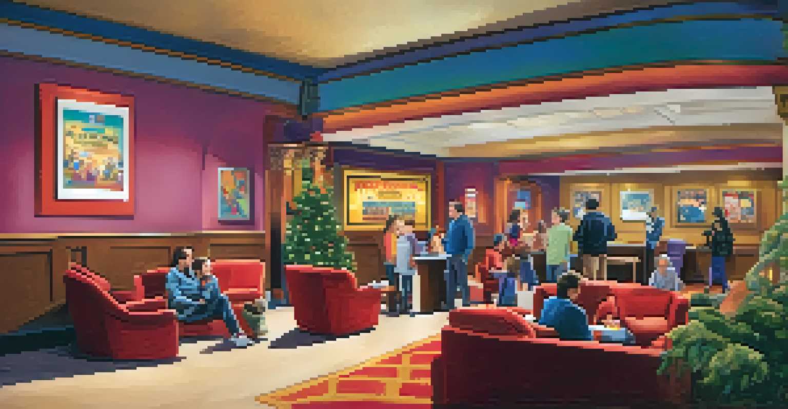 A cozy theater lobby in Santa Monica with families discussing upcoming shows and colorful decorations.