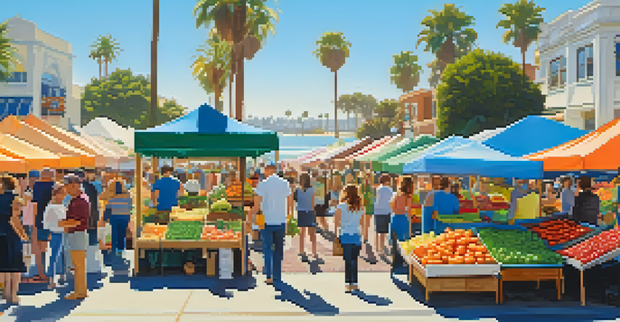 A bustling farmers' market in Santa Monica with colorful stalls, people shopping, and palm trees in the background.