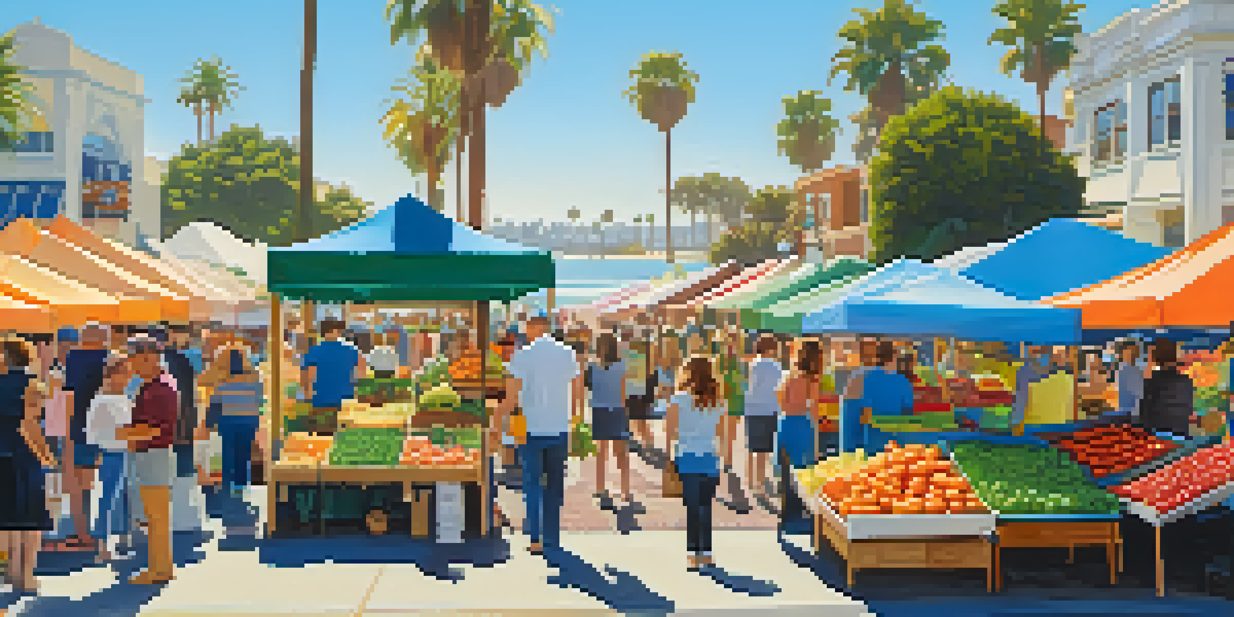 A bustling farmers' market in Santa Monica with colorful stalls, people shopping, and palm trees in the background.