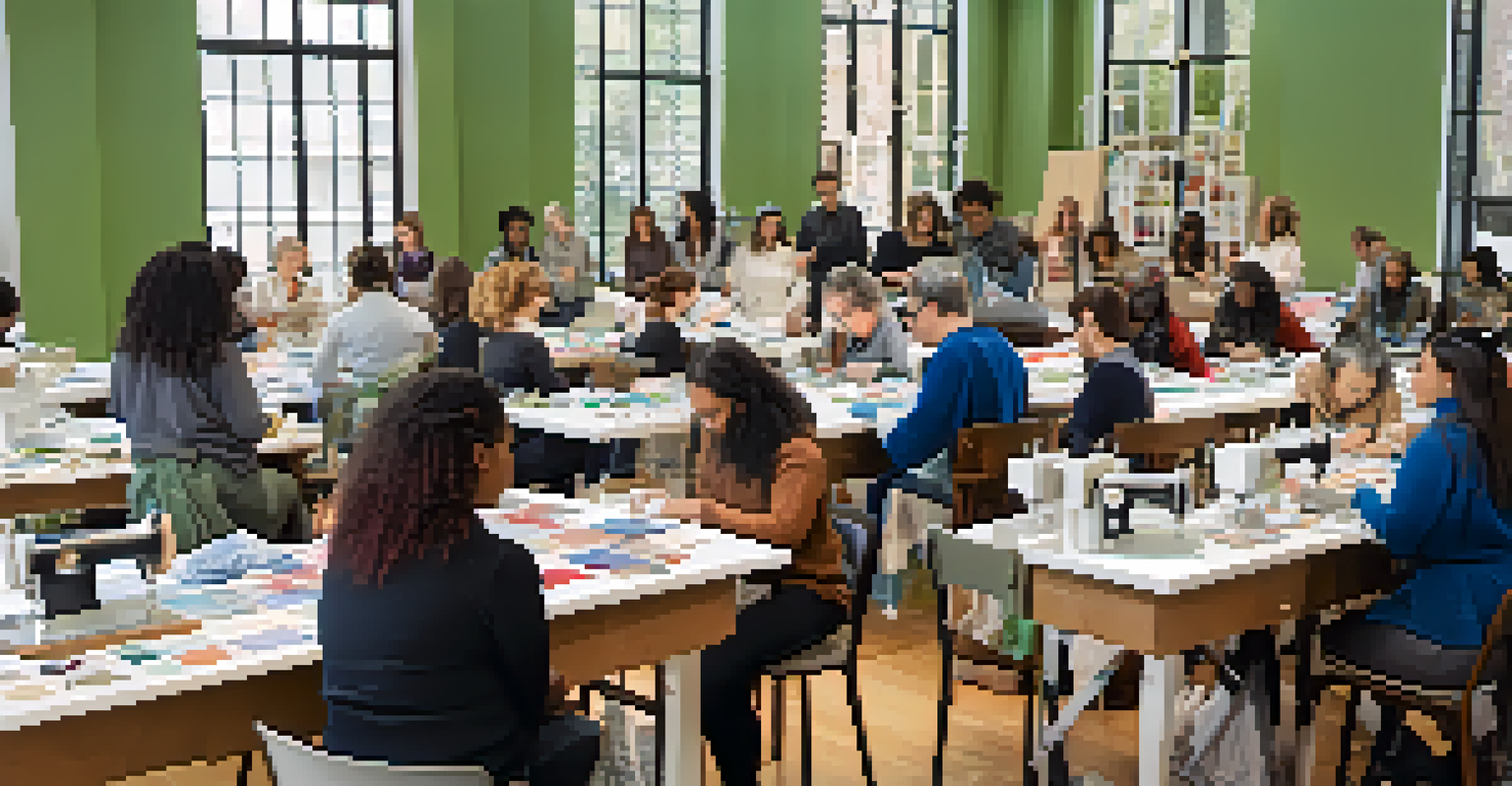 A community workshop where participants are learning about sustainable fashion practices, surrounded by sewing machines and colorful fabrics.