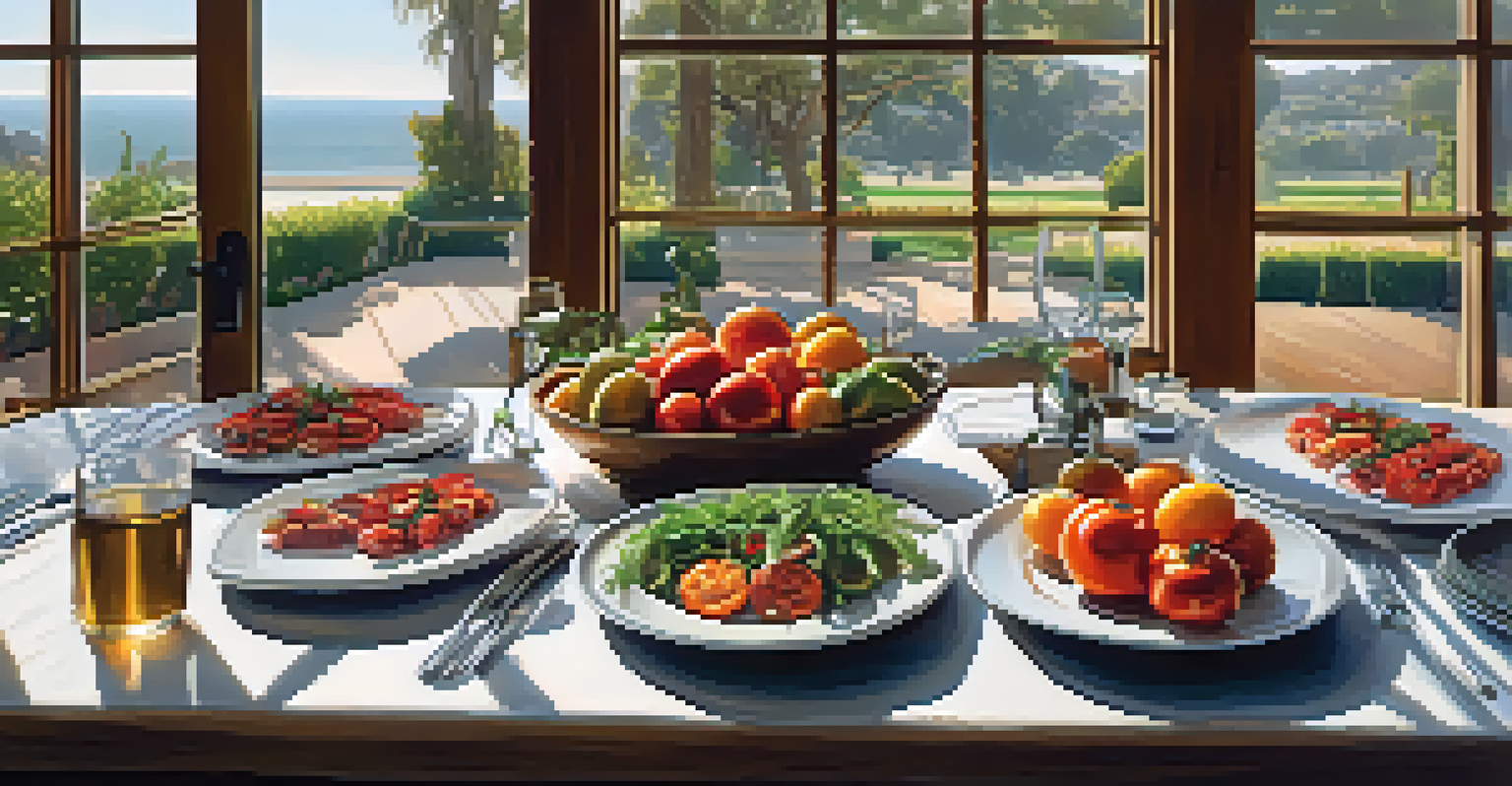 A farm-to-table dining setting in Santa Monica featuring fresh produce and grilled octopus, with natural light illuminating the colorful dishes.