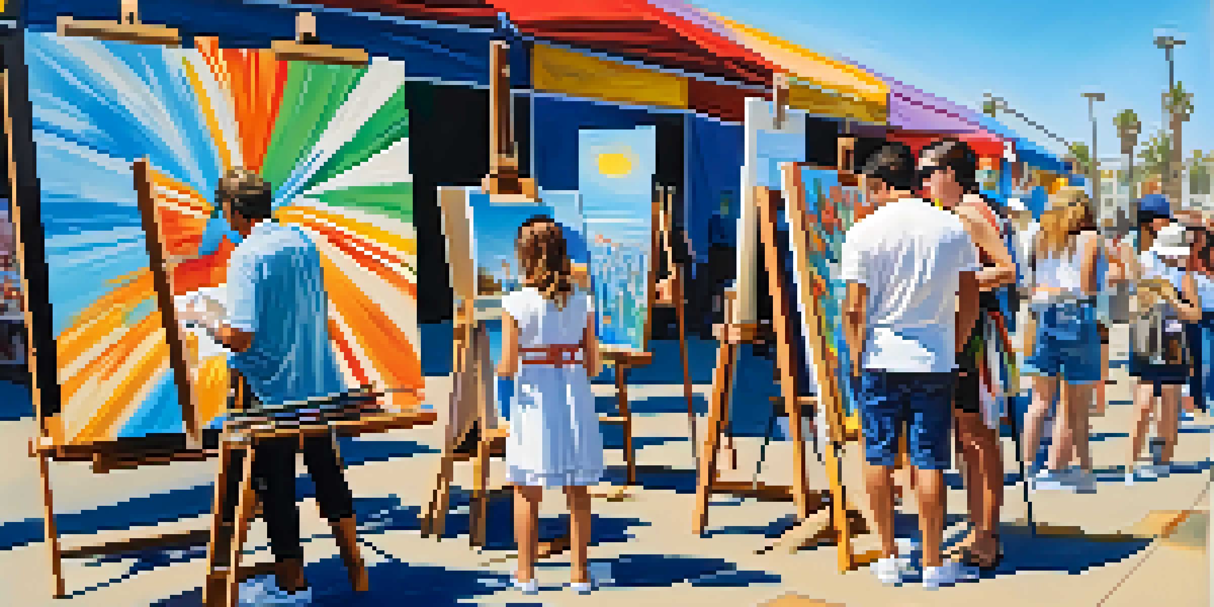 An outdoor festival scene with artists showcasing colorful artwork, people engaging with art installations, set against a clear blue sky.