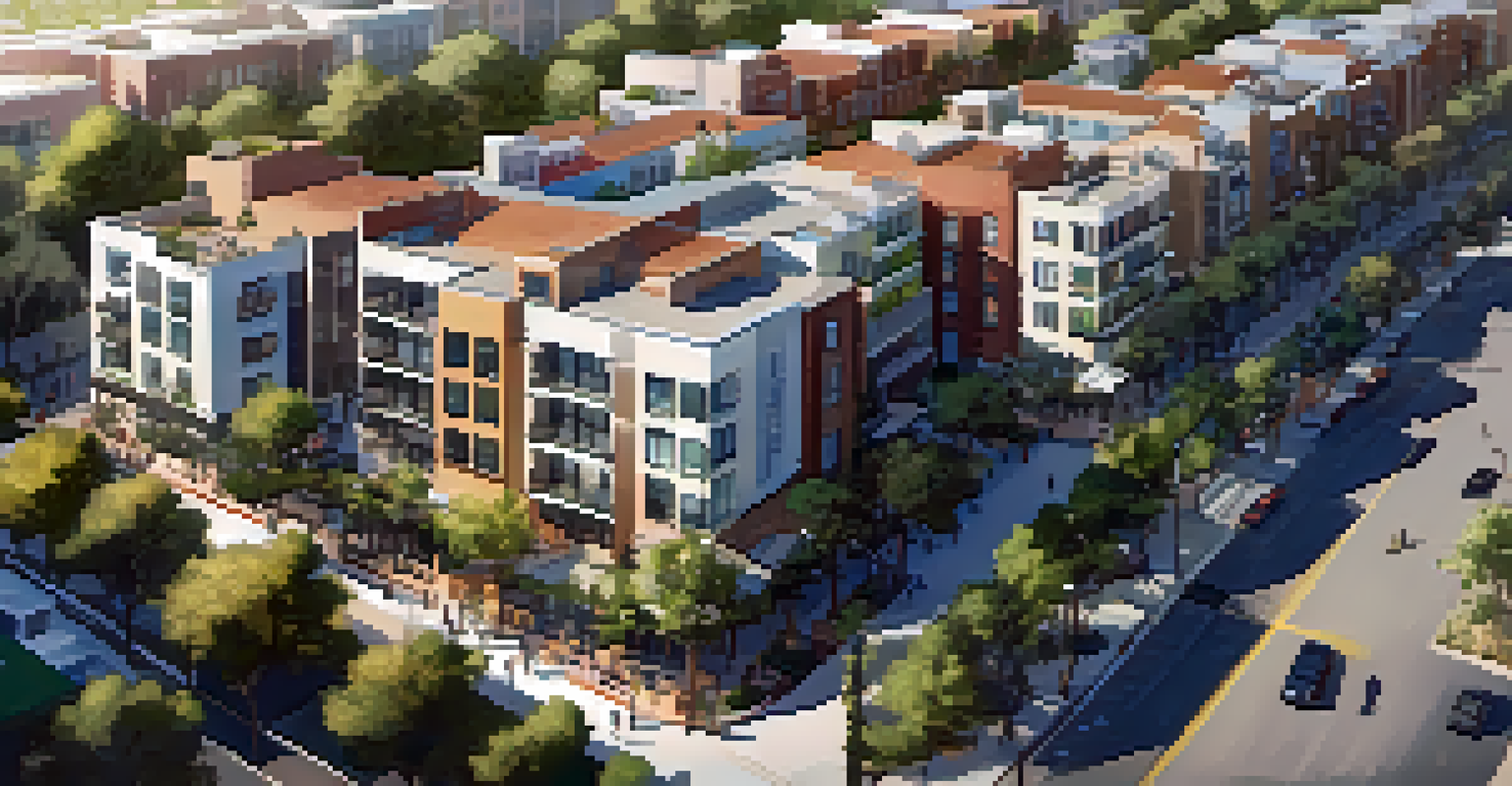 Aerial view of a mixed-use neighborhood in Santa Monica showing residential and commercial spaces interspersed with green parks.
