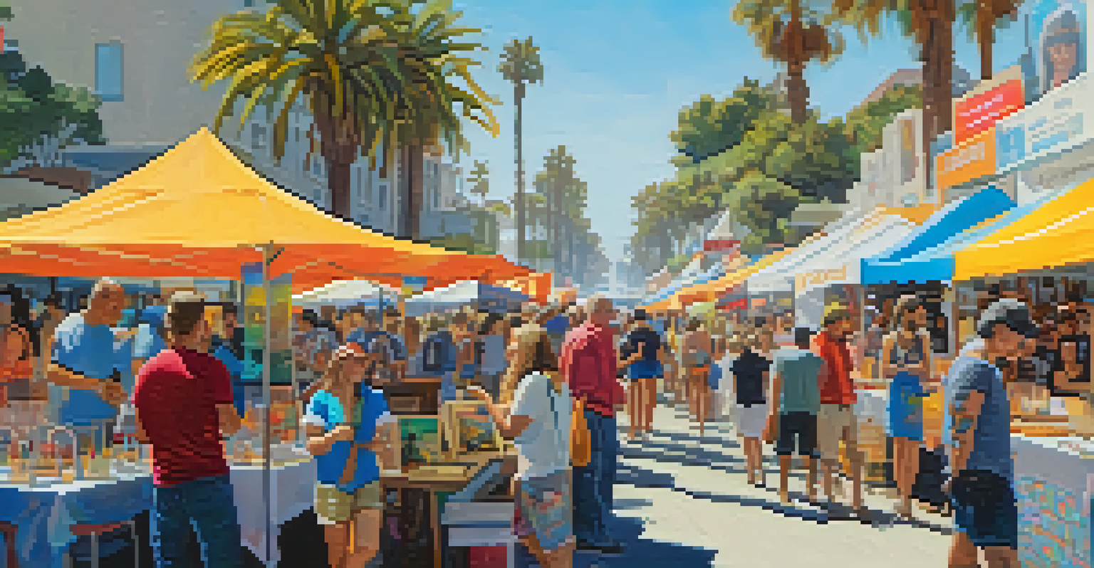 An art festival in Santa Monica featuring booths with local artworks, attendees enjoying music and food under colorful banners.