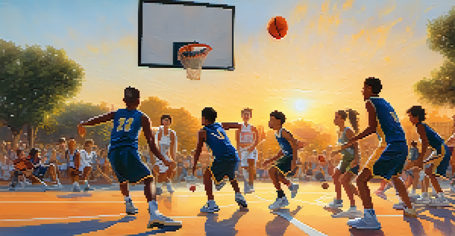 Young athletes playing basketball on an outdoor court with parents cheering in the background during sunset.