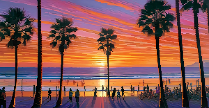 A beautiful sunset over Santa Monica beach, with palm trees and the pier in silhouette against a colorful sky.