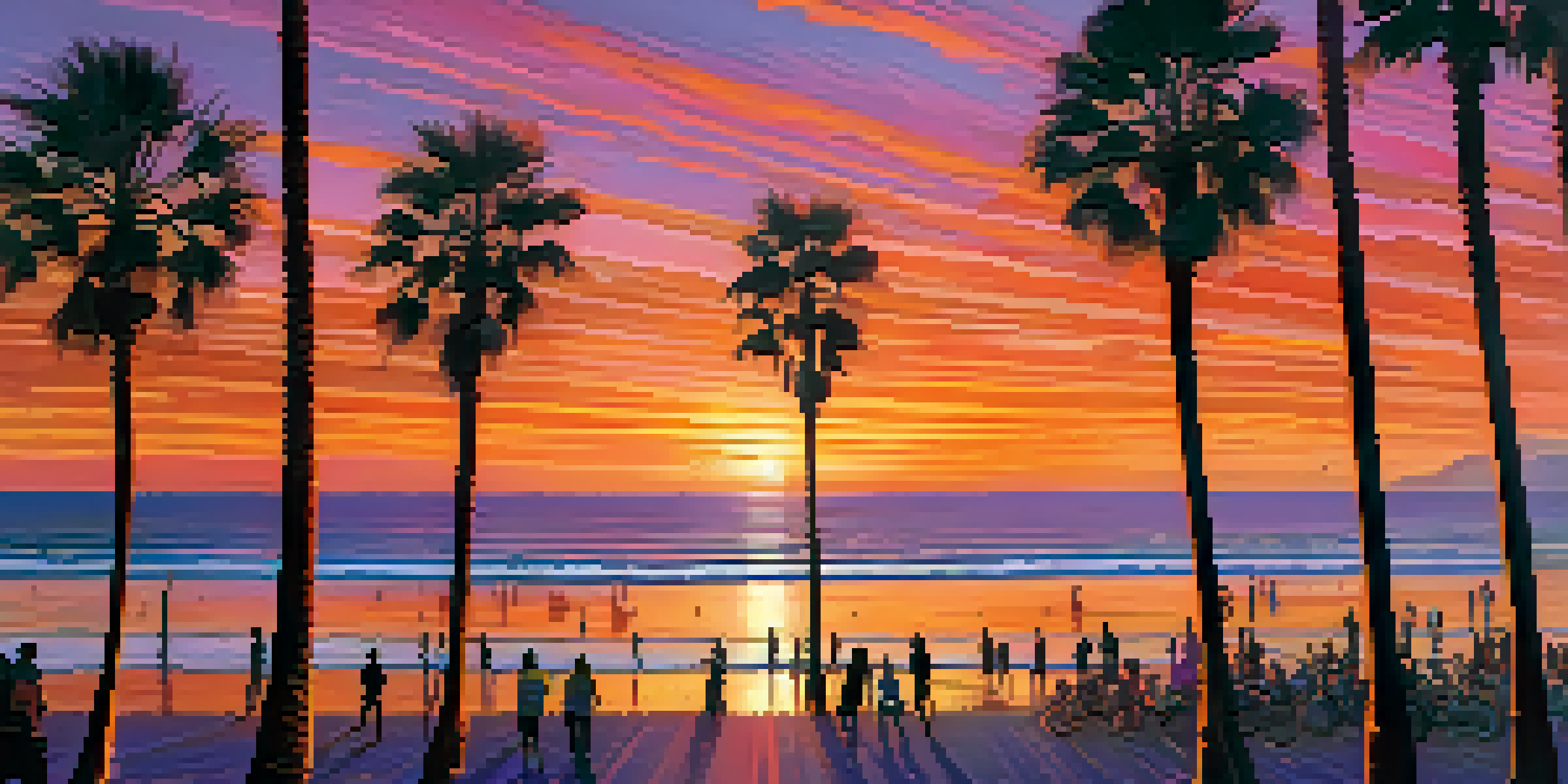 A beautiful sunset over Santa Monica beach, with palm trees and the pier in silhouette against a colorful sky.