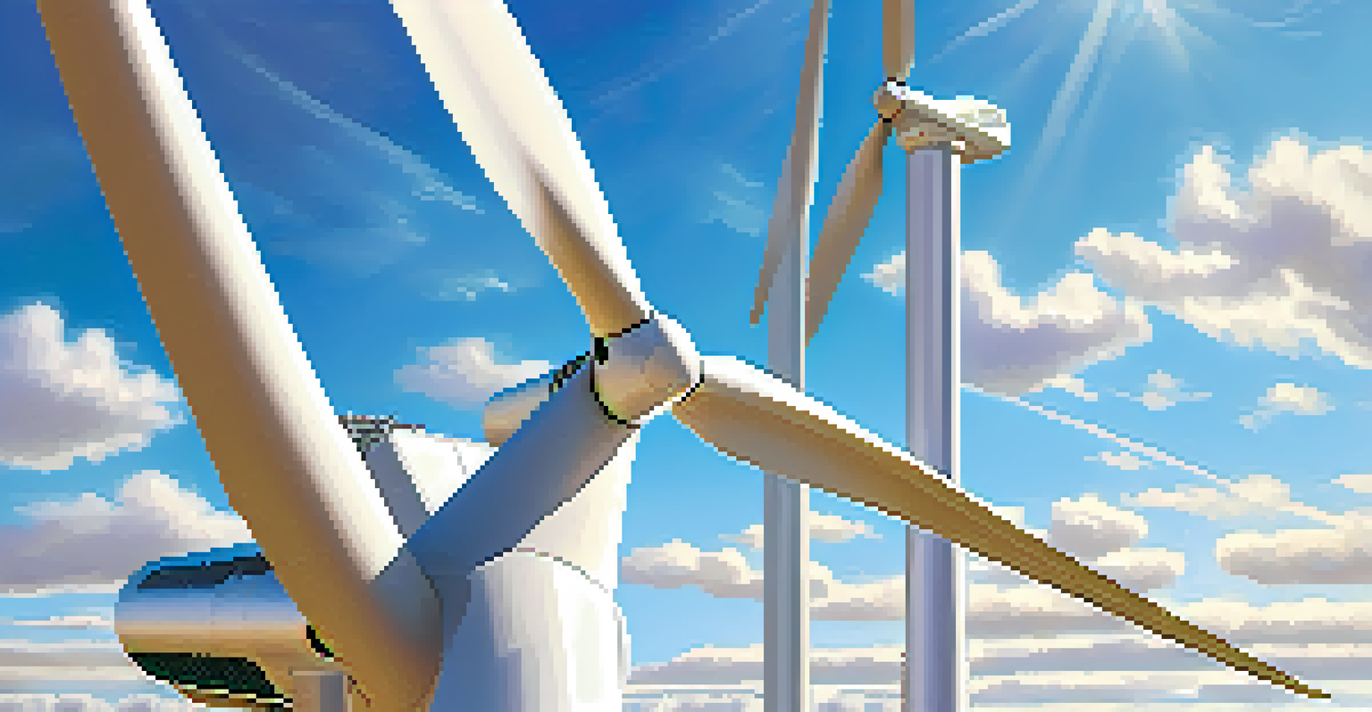 Close-up of a wind turbine's blades shining in sunlight against a blue sky with clouds, showcasing renewable energy technology.