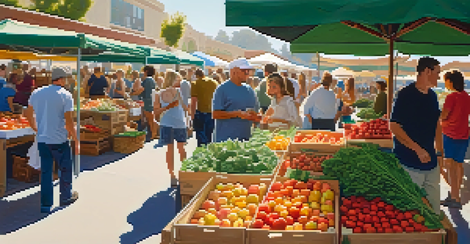 A lively farmers market in Santa Monica, filled with colorful fresh produce and artisan crafts, with shoppers engaging with local vendors.