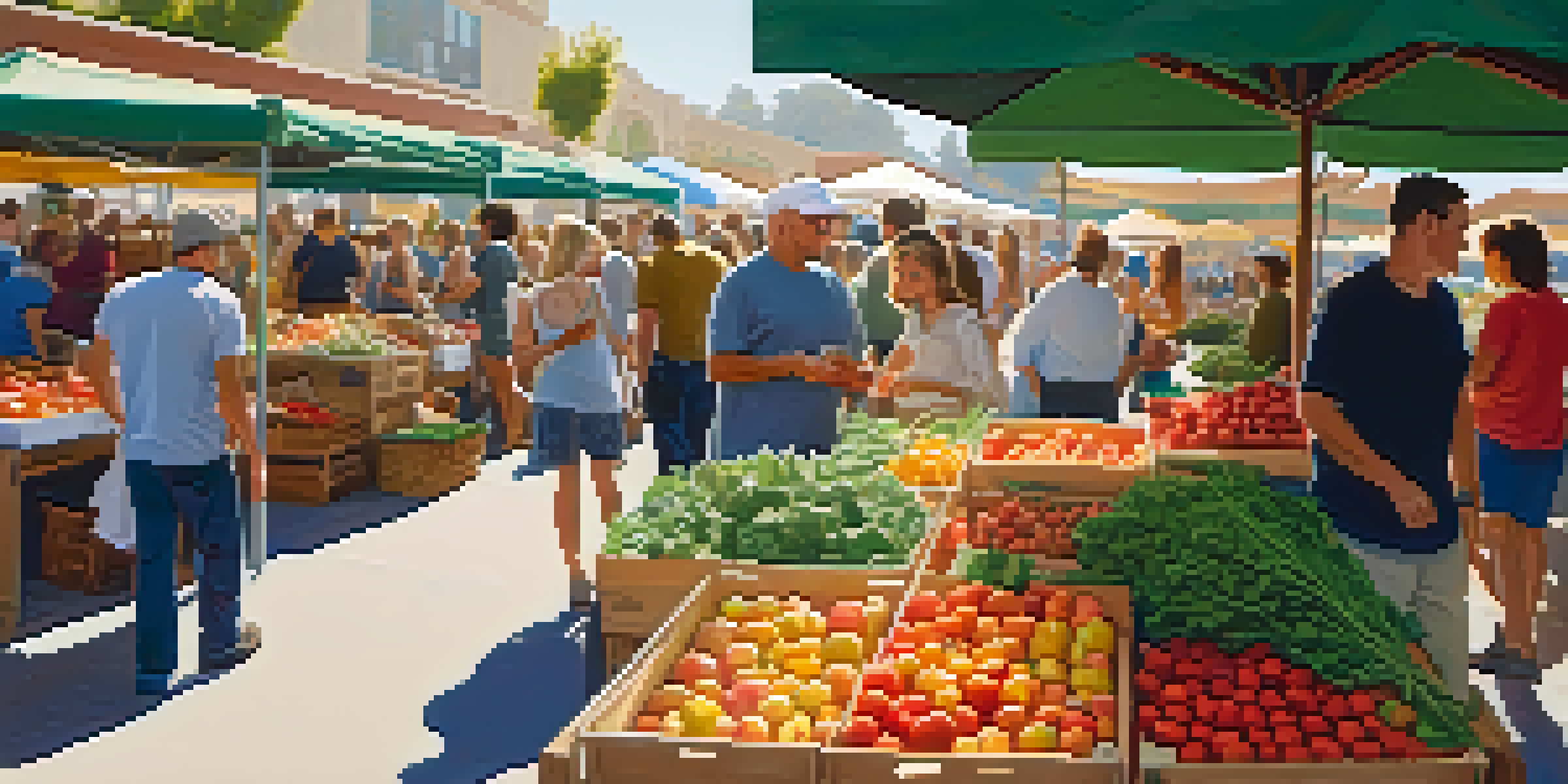 A lively farmers market in Santa Monica, filled with colorful fresh produce and artisan crafts, with shoppers engaging with local vendors.