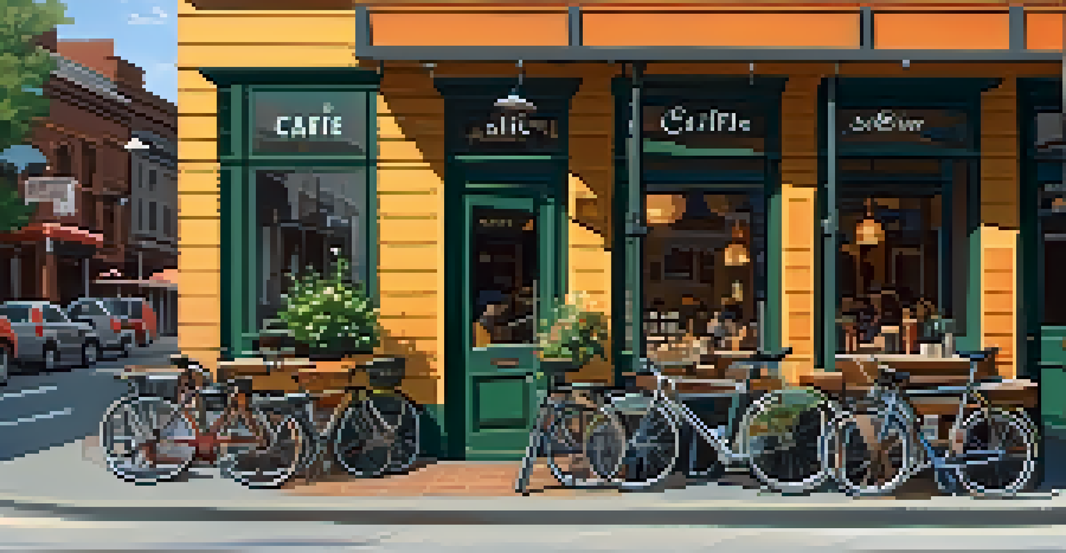 A street view of a bike rack outside a café, with bicycles parked and people enjoying coffee in the warm light.