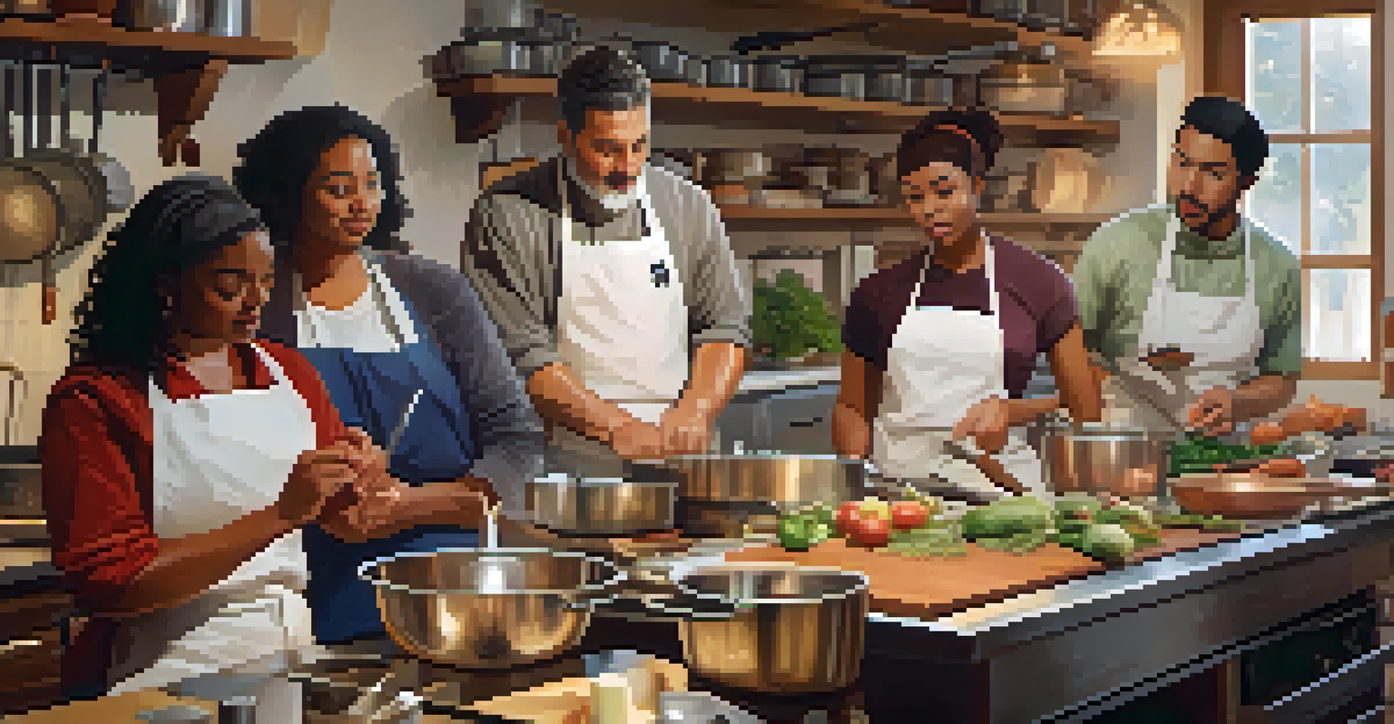 A culinary workshop with participants watching a chef demonstrate cooking techniques in a warm, inviting kitchen.