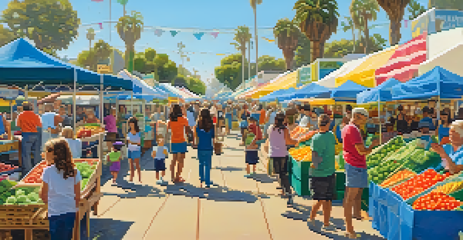 A busy Santa Monica Farmers Market with families enjoying fresh produce and interacting with vendors under a sunny sky.
