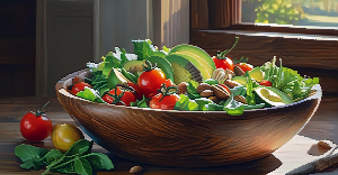 A colorful salad bowl with fresh ingredients like greens, tomatoes, and avocados in a rustic kitchen.