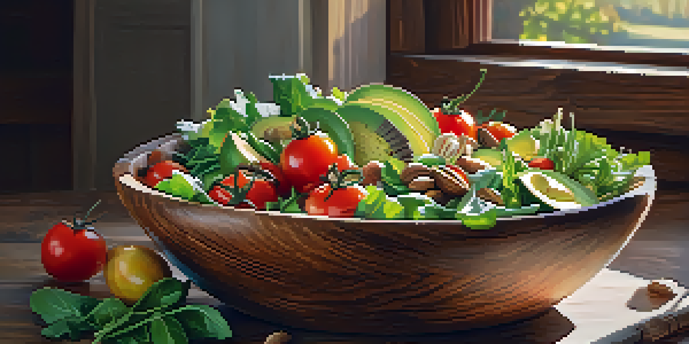 A colorful salad bowl with fresh ingredients like greens, tomatoes, and avocados in a rustic kitchen.