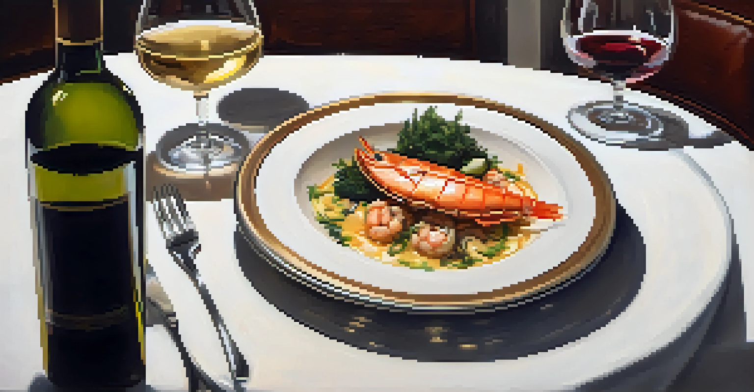 A beautifully plated seafood dish with a glass of wine in an elegant Santa Monica restaurant setting, with warm ambient lighting.
