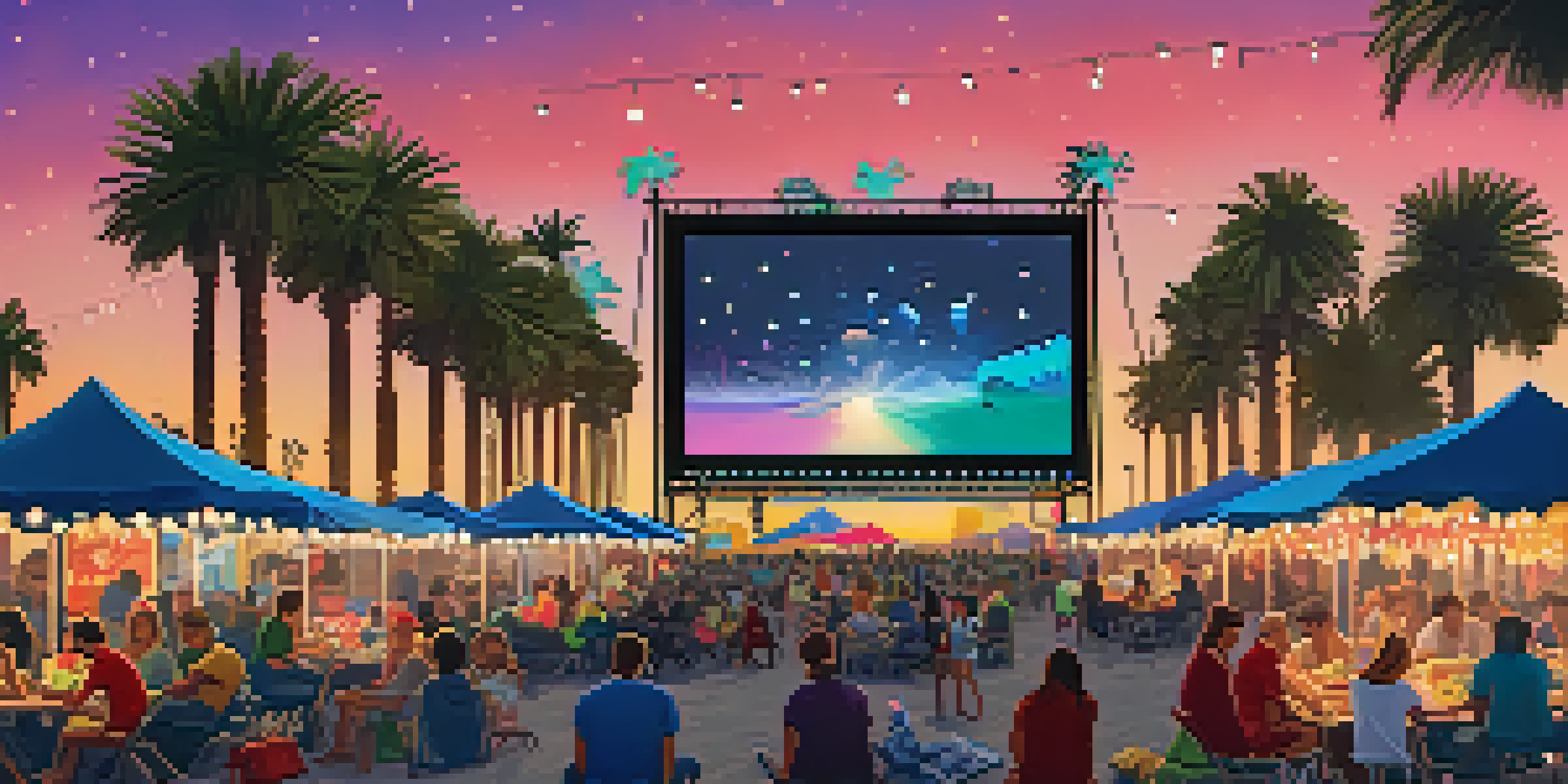 A lively outdoor film festival in Santa Monica with a large screen, diverse audience, string lights, and palm trees.