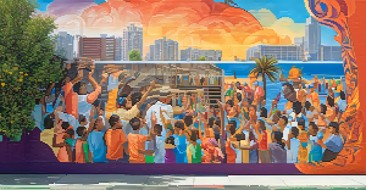 A detailed close-up of a colorful mural with community members contributing to the artwork, illuminated by warm lighting.