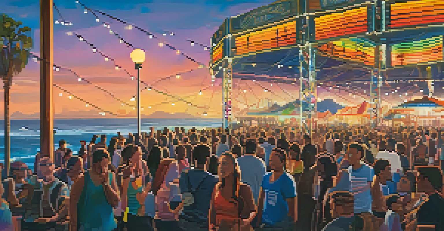 A music festival at Santa Monica Pier with musicians performing on stage, colorful lights, and a crowd dancing in the evening.