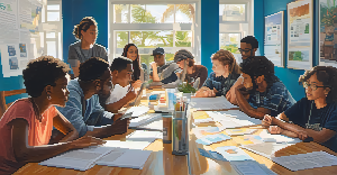 A group of diverse young people participating in a community meeting, discussing civic engagement with papers and laptops on the table, bright room with sunlight and advocacy posters.