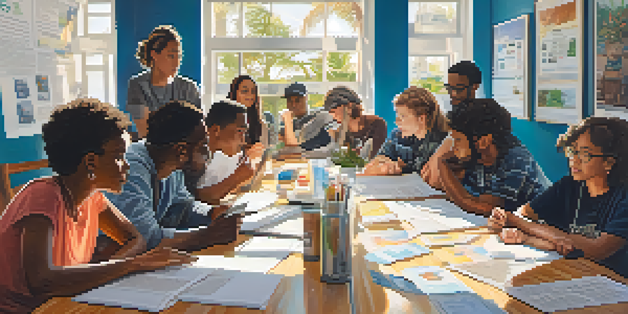 A group of diverse young people participating in a community meeting, discussing civic engagement with papers and laptops on the table, bright room with sunlight and advocacy posters.