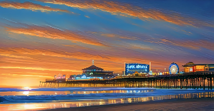A beautiful sunset at Santa Monica Beach, featuring golden sands, gentle waves, and palm trees, with the Santa Monica Pier in the background illuminated by colorful lights.