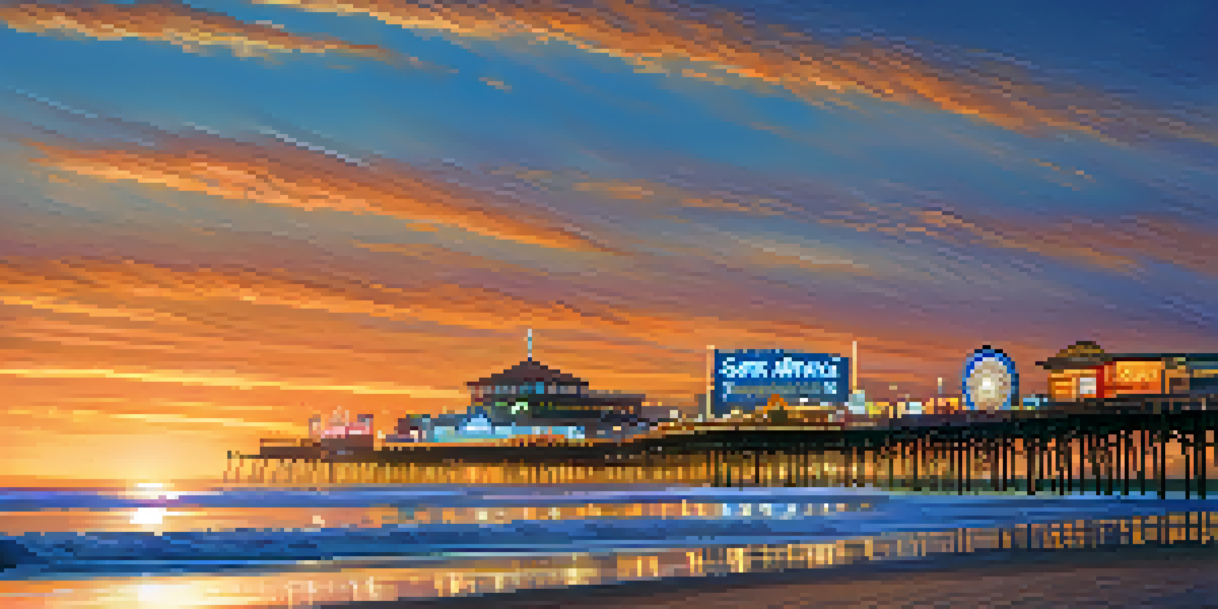 A beautiful sunset at Santa Monica Beach, featuring golden sands, gentle waves, and palm trees, with the Santa Monica Pier in the background illuminated by colorful lights.