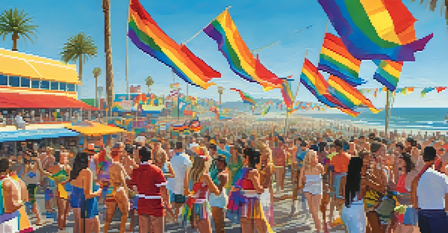 A colorful Pride parade in Santa Monica, showcasing participants in vibrant costumes and rainbow flags, celebrating diversity and inclusivity.