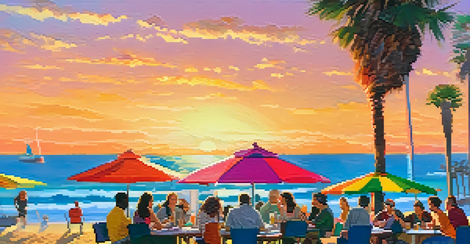 An outdoor podcasting event in Santa Monica with podcasters at a picnic table, palm trees, and a sunset over the beach.
