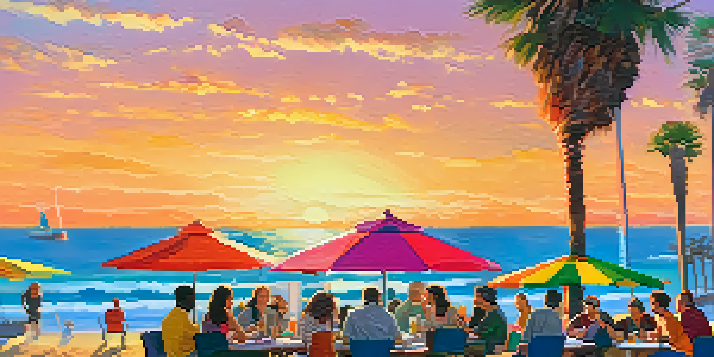 An outdoor podcasting event in Santa Monica with podcasters at a picnic table, palm trees, and a sunset over the beach.