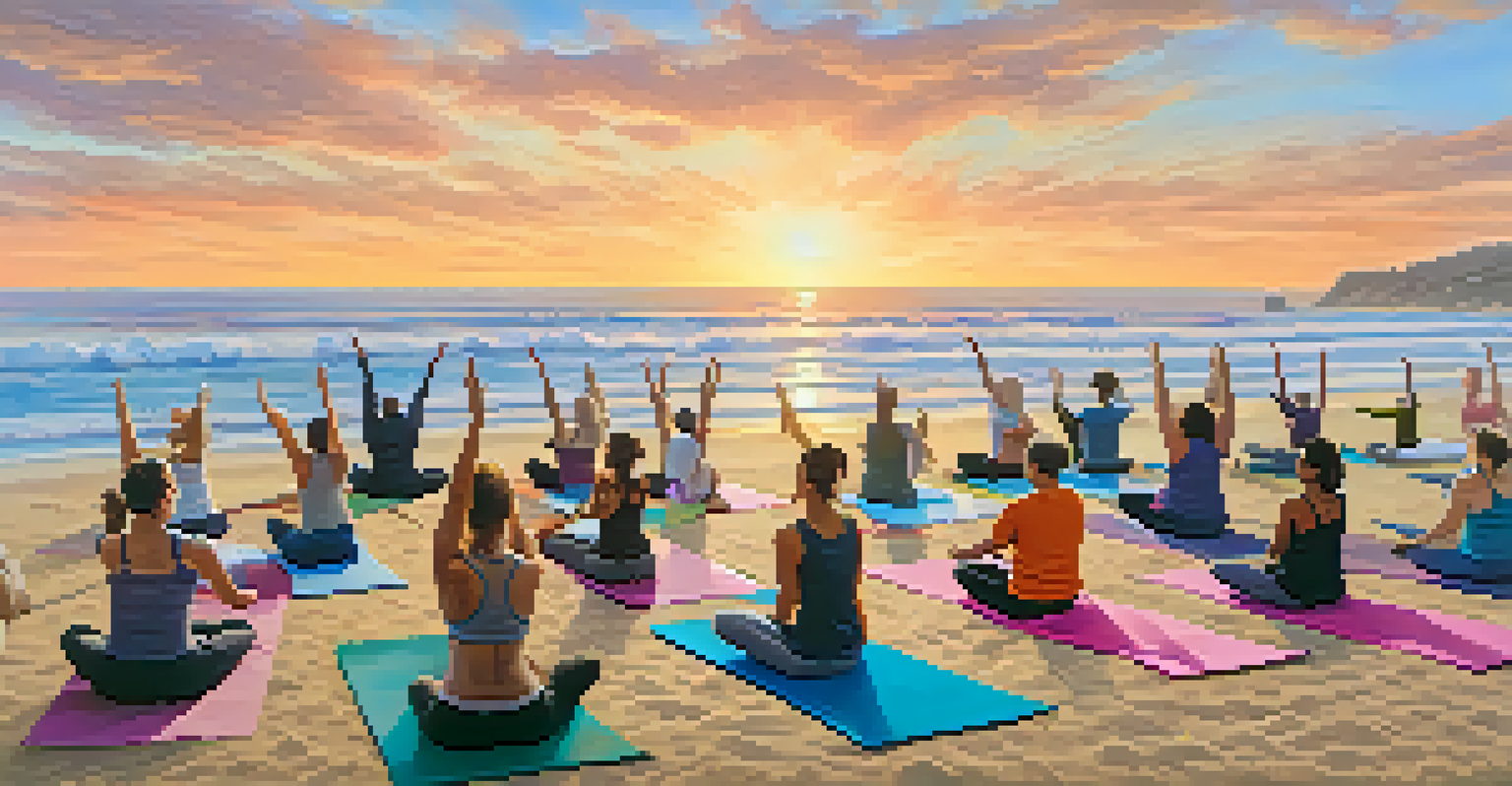 A group of people practicing yoga on the beach in Santa Monica during sunset, surrounded by the ocean and vibrant sky colors.