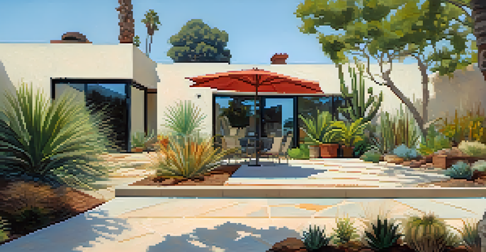 A peaceful backyard in Santa Monica featuring permeable paving and colorful drought-resistant plants under sunny skies.