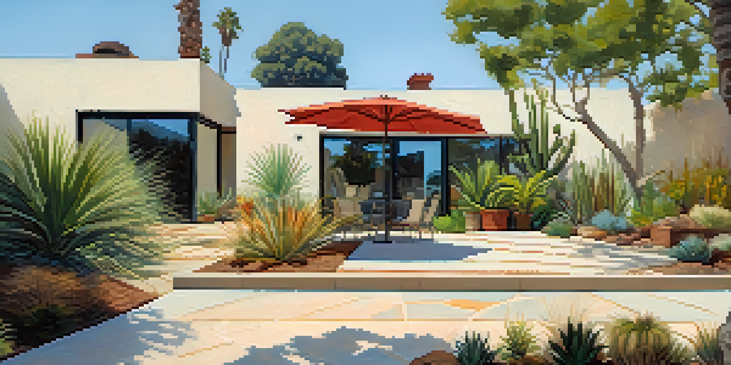 A peaceful backyard in Santa Monica featuring permeable paving and colorful drought-resistant plants under sunny skies.