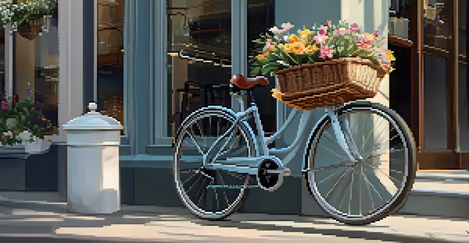 A bicycle with a flower basket parked at a cafe, surrounded by people enjoying the outdoors.