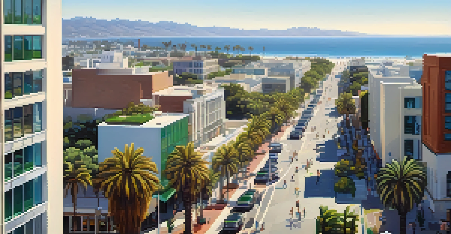 An aerial view of Santa Monica's downtown featuring modern buildings, historic architecture, and bustling streets with pedestrians, set against the backdrop of the ocean.