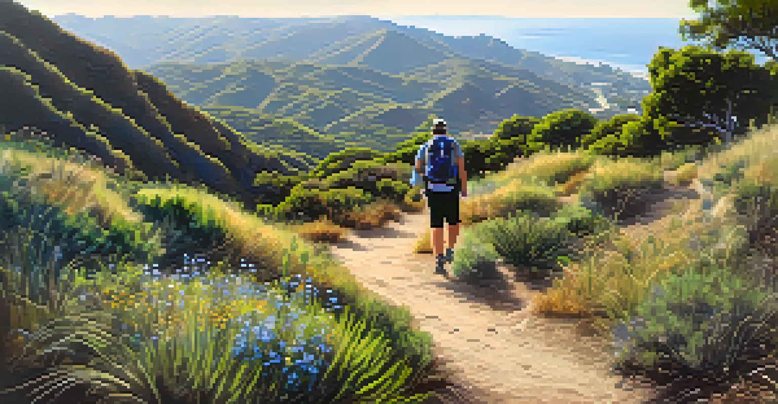 A family hiking on a scenic trail in the Santa Monica Mountains, surrounded by greenery and a view of the coastline.