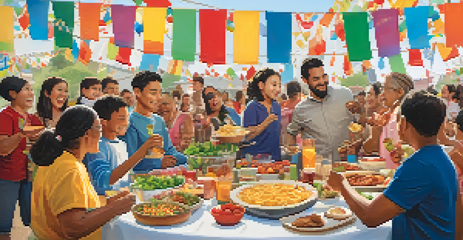 A community event with diverse families celebrating together, surrounded by colorful decorations and sharing food.