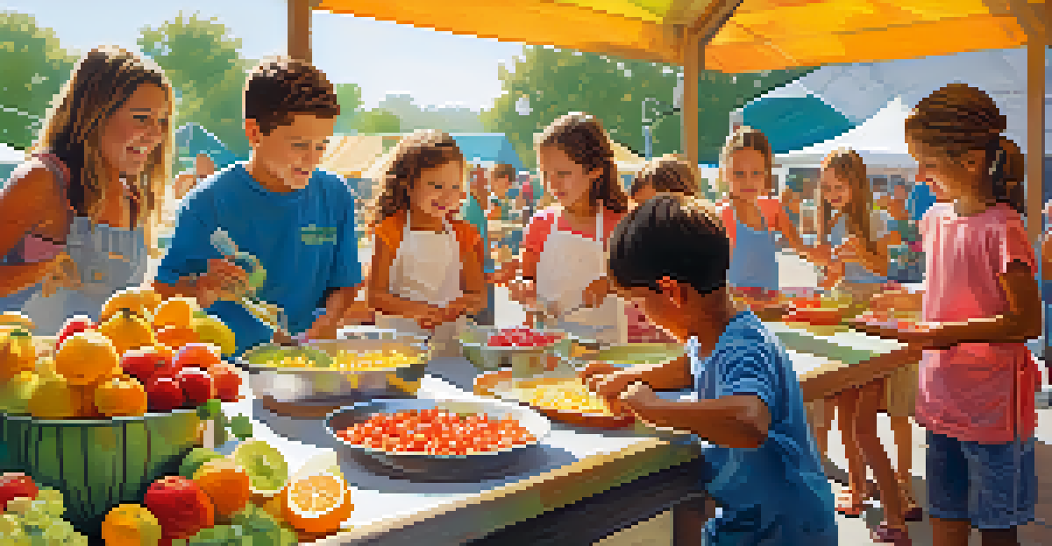 Kids engaged in a cooking demonstration at a farmers market, making fruit salad with colorful fruits visible around them.