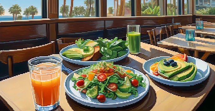A table set with various vegan dishes including salads and avocado toast, illuminated by natural light.