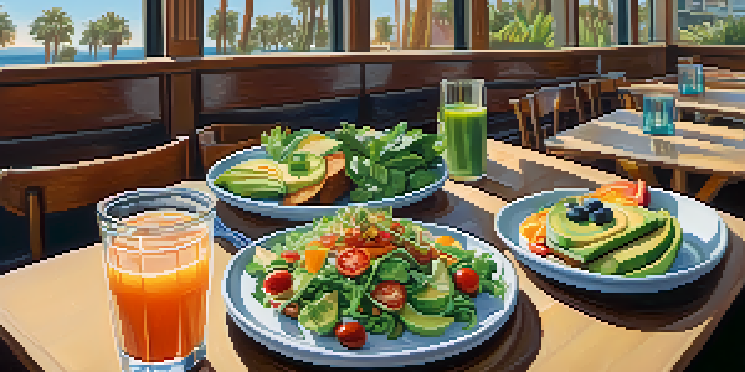 A table set with various vegan dishes including salads and avocado toast, illuminated by natural light.