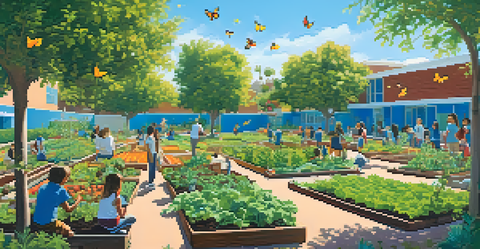 Students working in a vibrant school garden in Santa Monica, planting vegetables and herbs under a clear blue sky.