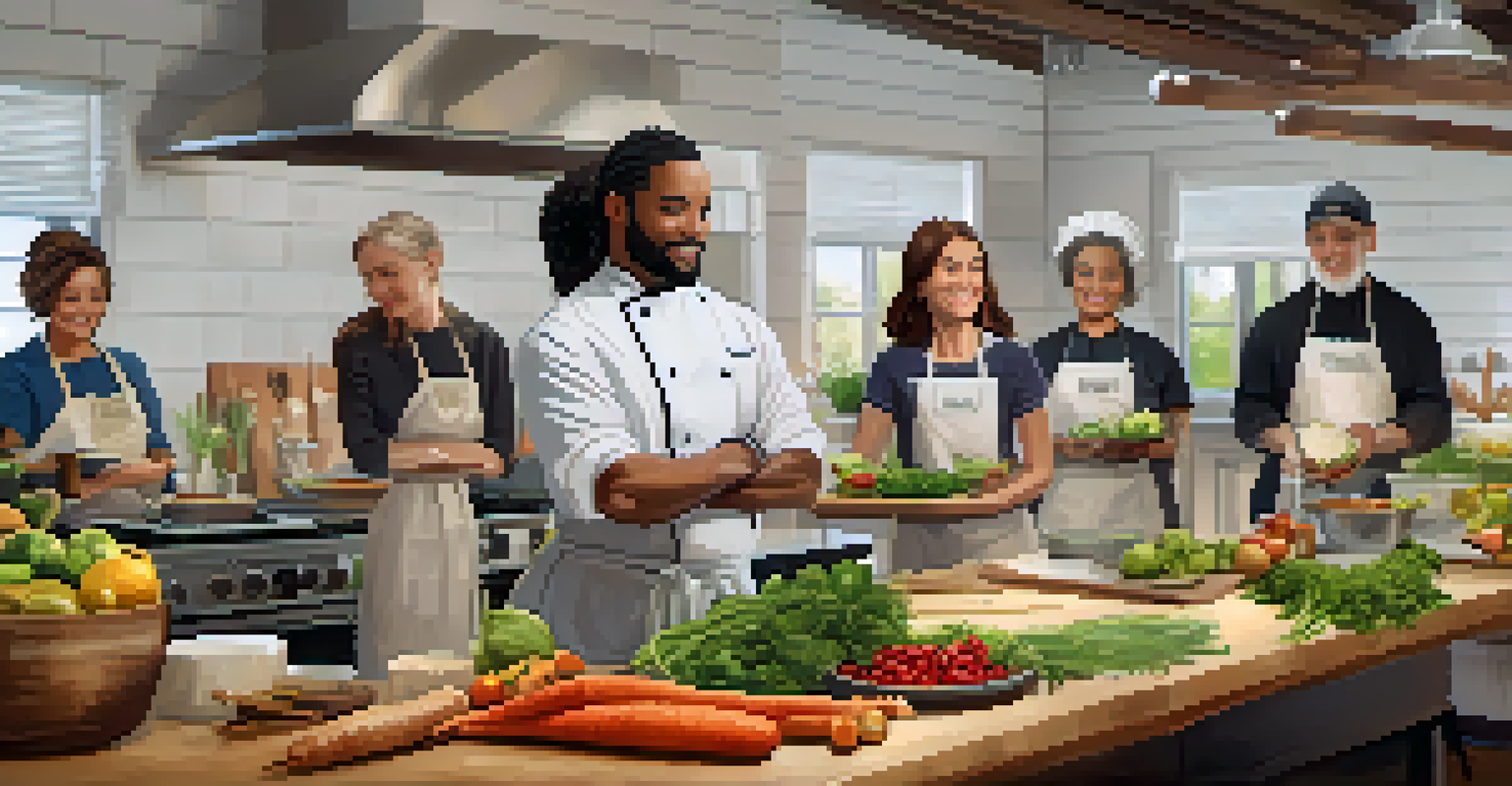 A skilled chef demonstrating plant-based cooking techniques to an attentive group in a modern kitchen with seasonal ingredients.
