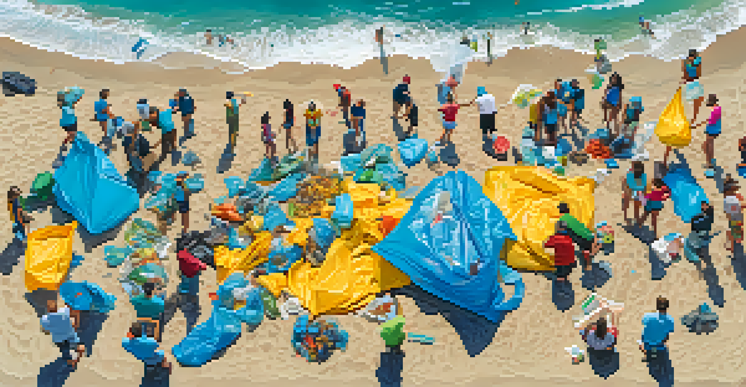 Overhead view of volunteers cleaning up litter at Will Rogers State Beach under a clear blue sky.