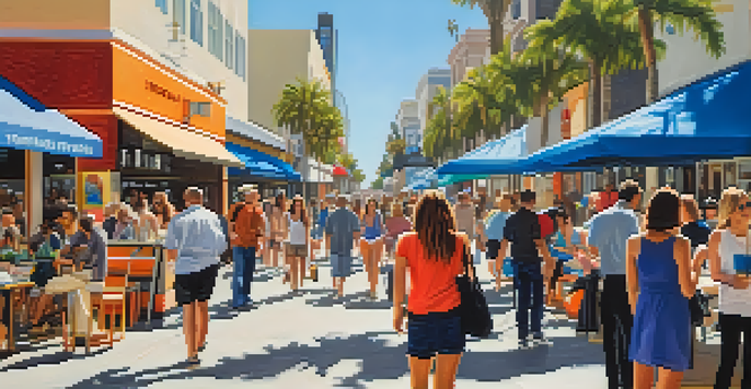 A bustling shopping street in Santa Monica with people, street performers, and various shops.