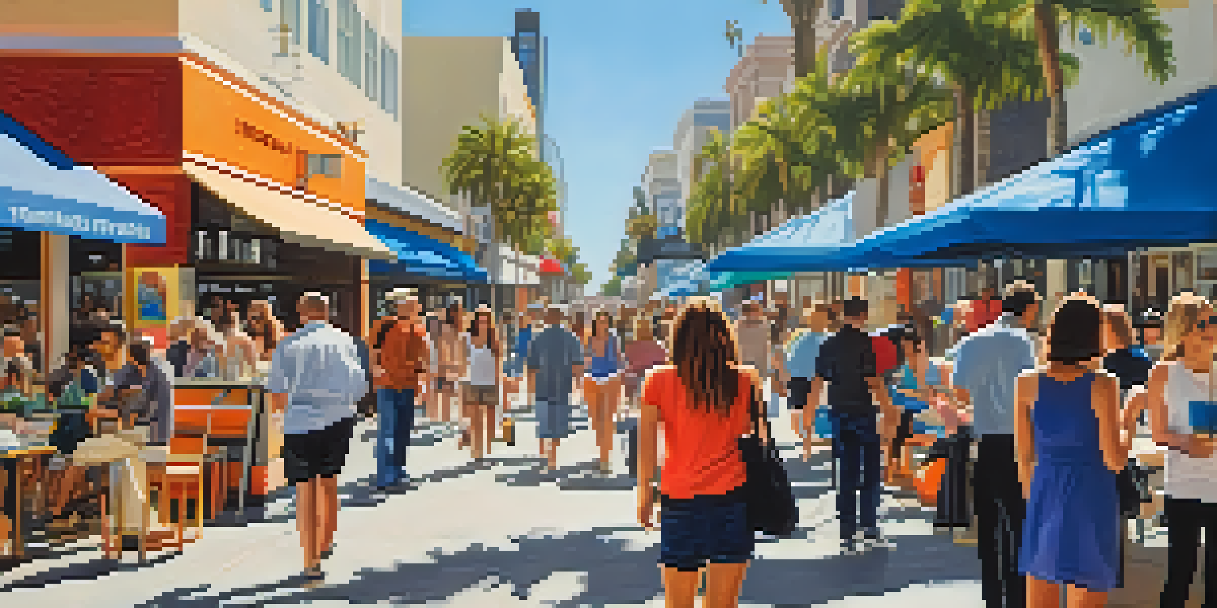 A bustling shopping street in Santa Monica with people, street performers, and various shops.