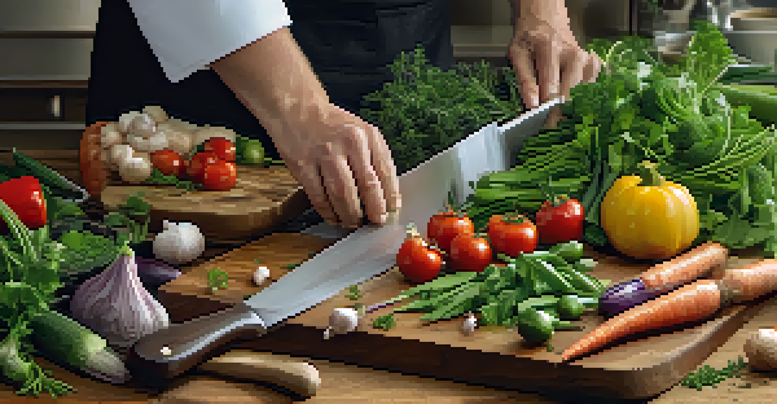 A chef's hands chopping fresh herbs on a wooden cutting board, surrounded by colorful vegetables, showcasing the skill and freshness of the ingredients.