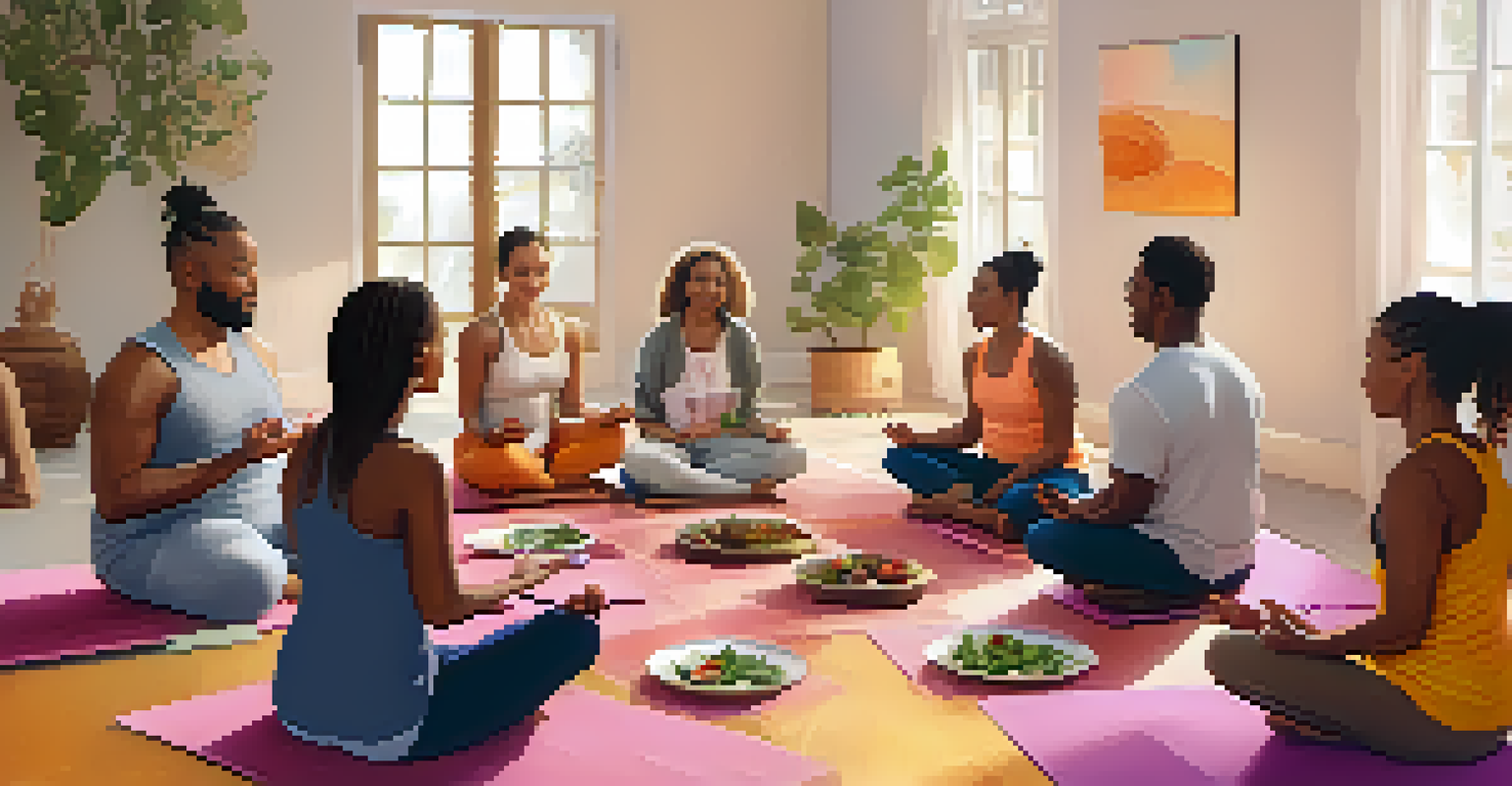 Participants in a mindful eating workshop sitting in a circle on yoga mats, sharing a moment of focus and enjoyment while holding small plates of food.