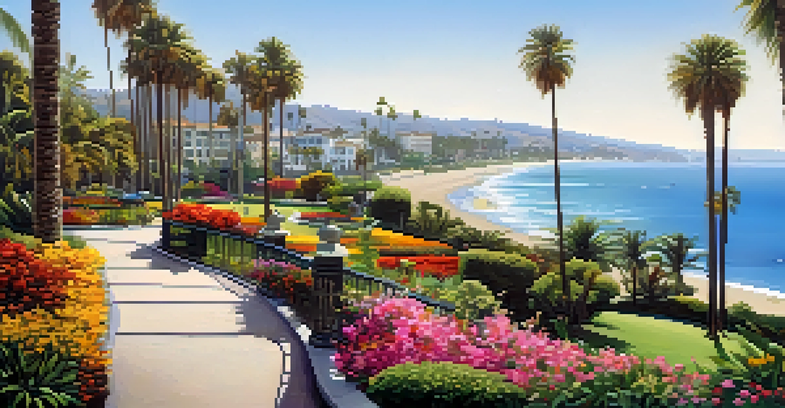 A vibrant garden in Palisades Park with ocean views and people walking along the path.
